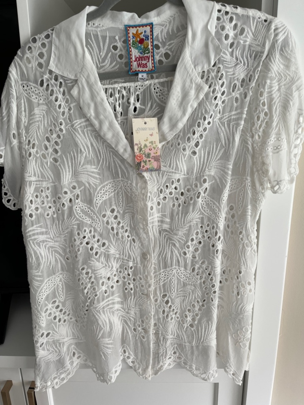 Johnny Was White Embroidered Eyelet Button-Front Top